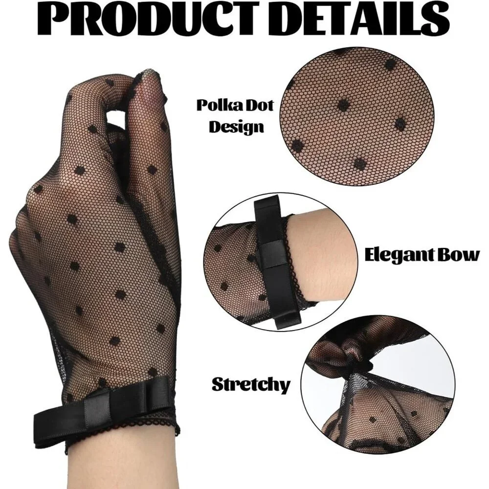 Women's Black Short Mesh Lace Gloves Polka Bow Dots Vintage Tea Party Dinner